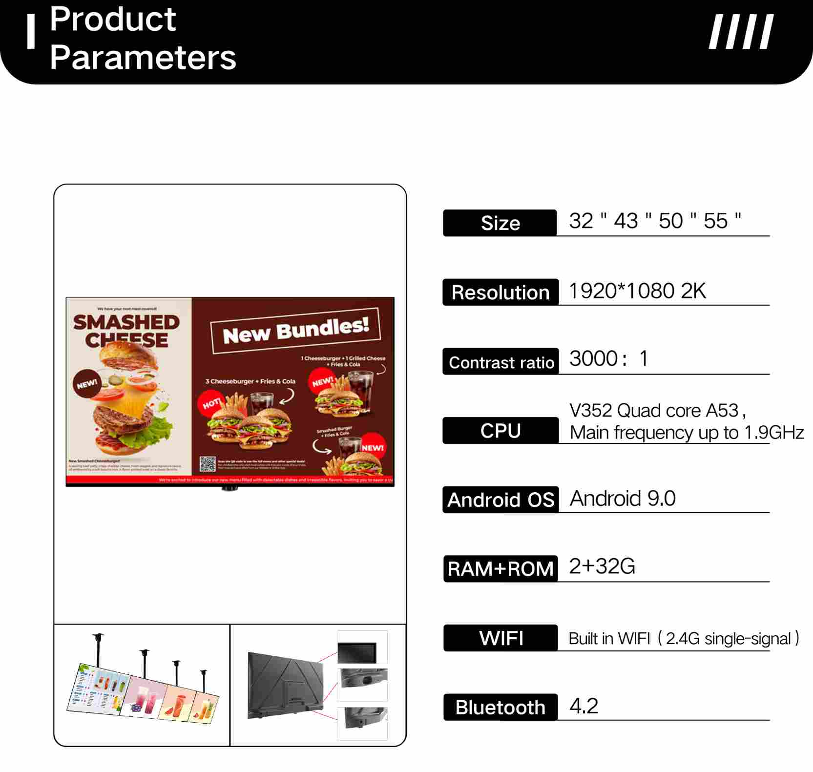 Digital Menu Board 2+32G Built in WiFl ( 2.4G single-signal )
