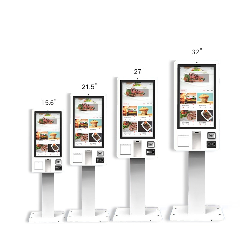 Qtenboardself payment kiosk dimensions – available in multiple sizes 21.5, 27, 32, 43 inch for restaurants, retail, and hospitality