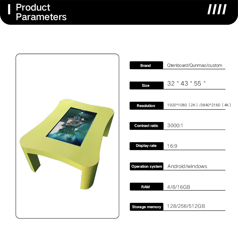 Product parameters for an interactive touch screen coffee table, showing specifications for 32, 43, and 55-inch sizes, 4K resolution, and Android/Windows OS