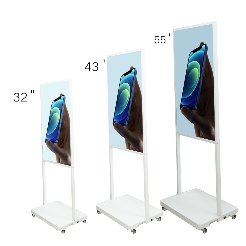 Mobile digital display kiosk size comparison, showing 32 inch, 43 inch, and 55 inch models