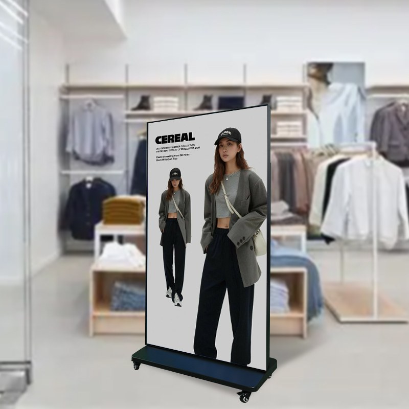 Full screen digital signage used in clothing retail store for advertising and product promotion