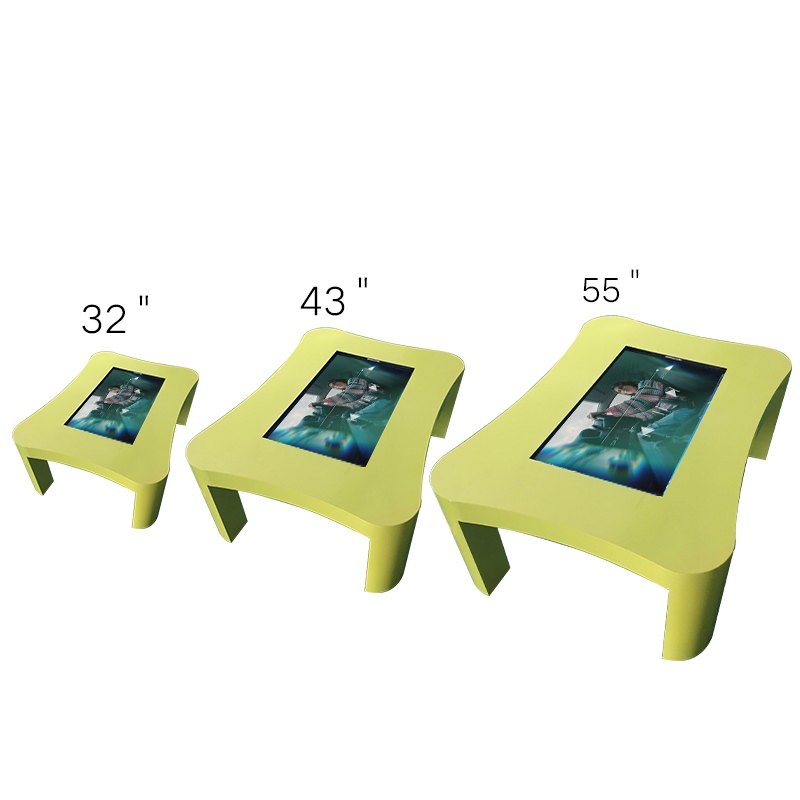 Size comparison for interactive touch tables, showing 32-inch, 43-inch, and 55-inch models