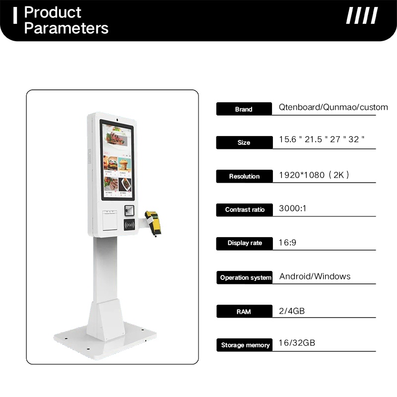Qtenboard Touch screen kiosk specifications – touchscreen, Windows system, CMS software, multiple payment options