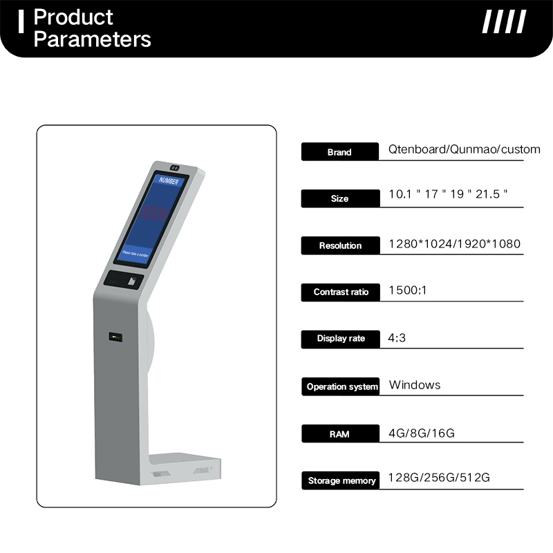 Technical specifications of Queue Calling Kiosk including display size, system, and hardware details