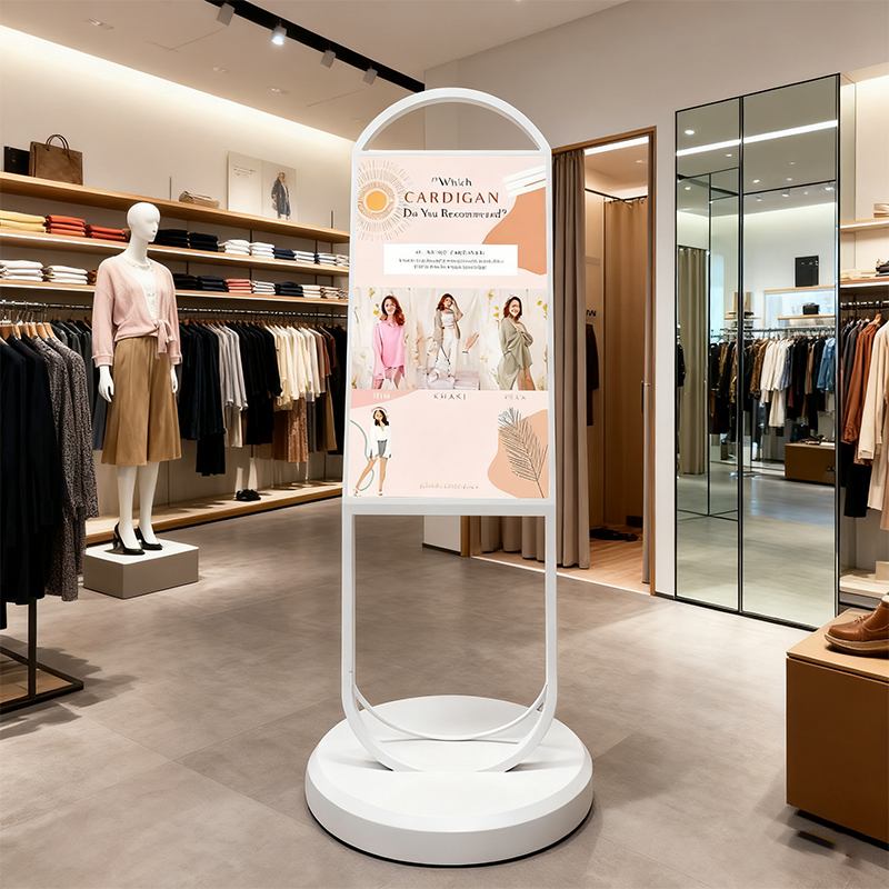 Mobile digital signage display with a round base being used in a clothing store to show advertisements