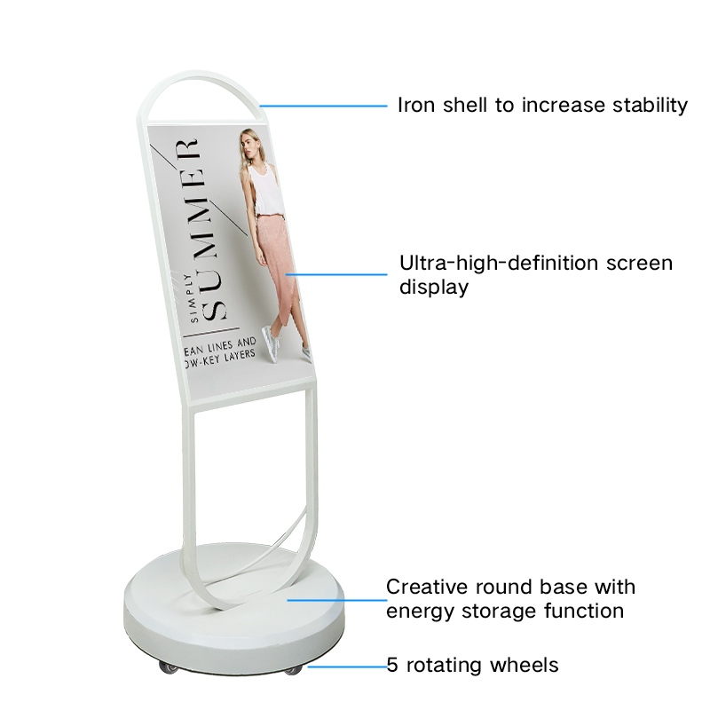 Features of a white digital signage kiosk, including an iron shell, rotating wheels, and a round base with energy storage