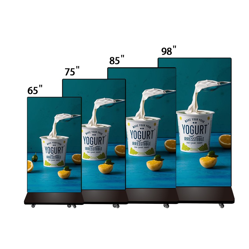 Full screen digital signage in multiple sizes 65 inch, 75 inch, 85 inch, and 98 inch for retail and advertising