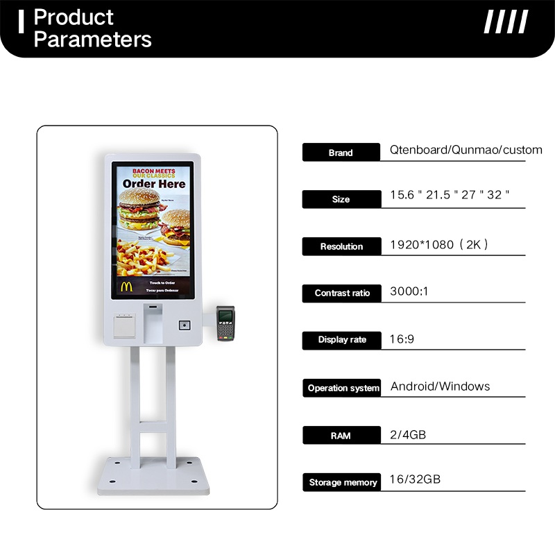 Qtenboard Touch screen kiosk specifications – touchscreen, Windows system, CMS software, multiple payment options