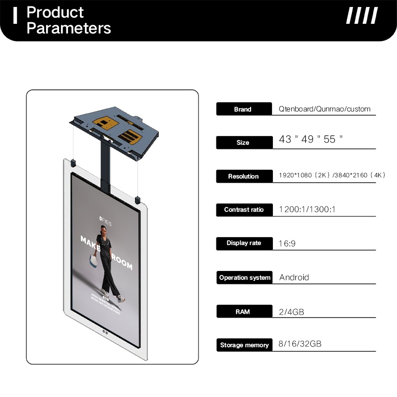 Technical specifications and structural diagram of a suspended transparent digital screen, listing 4K resolution and Android OS