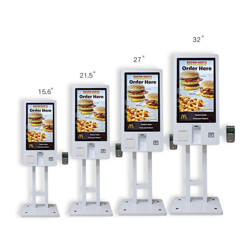 Qtenboardself payment kiosk dimensions – available in multiple sizes 21.5, 27, 32, 43 inch for restaurants, retail, and hospitality