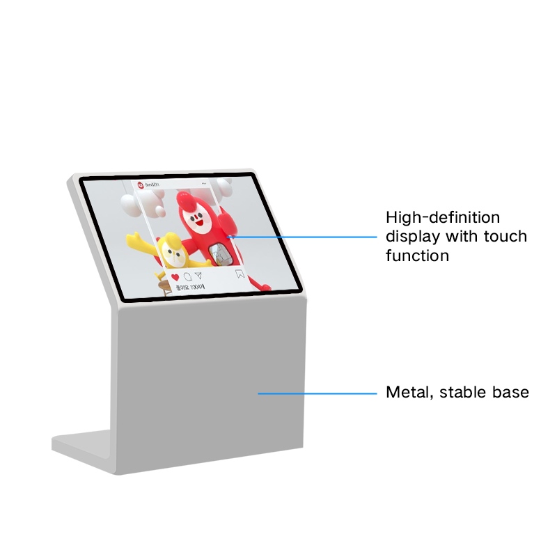 Interactive touchscreen kiosk features: high-definition touch display, metal stable base