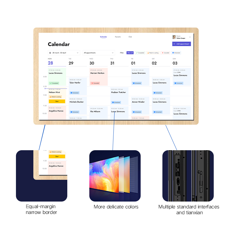 Wooden-framed digital calendar display with monthly schedule, highlighting narrow border, delicate colors, multiple interfaces.