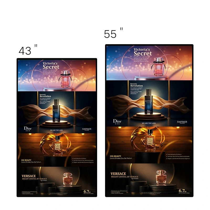 Comparison of 43-inch and 55-inch digital signage displays showing perfume advertisements.