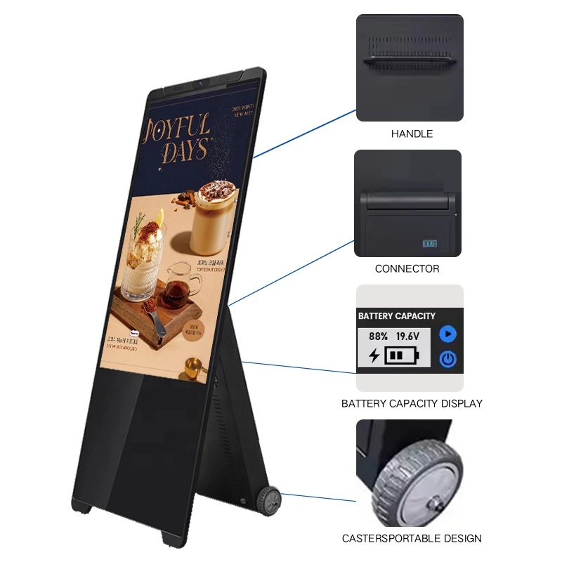 Close-up details of a portable digital showing the handle, connector, battery display, and casters.