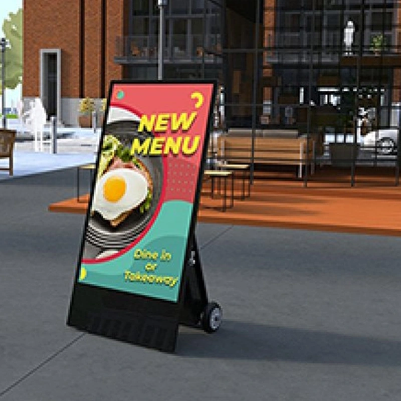 Outdoor digital A-frame sign displaying a 'NEW MENU' advertisement.
