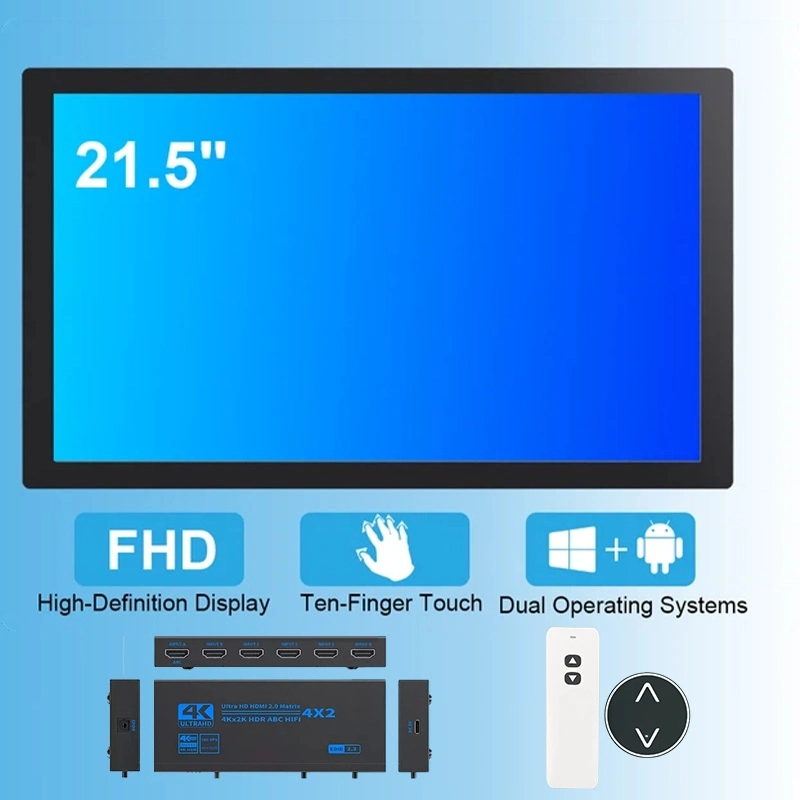 21.5-inch digital podium display with FHD, ten-finger touch, dual OS, and connectivity components.