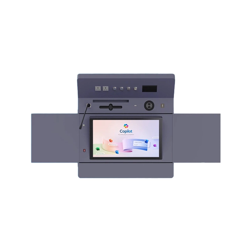 Front view of a digital podium with integrated touchscreen displaying Copilot interface.