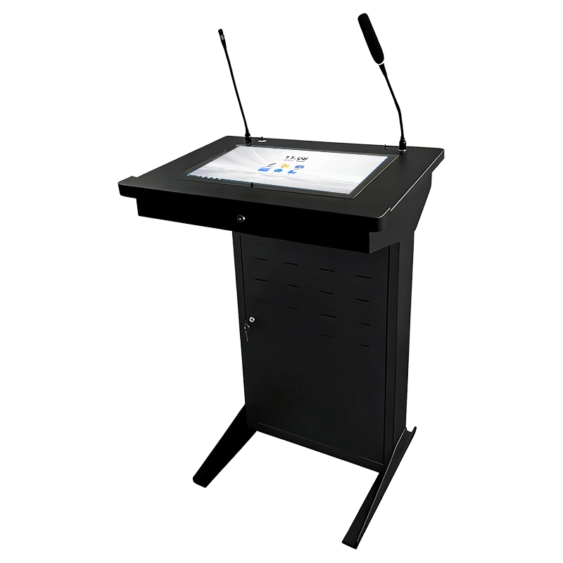 Front view of a digital podium with integrated touchscreen displaying Copilot interface.