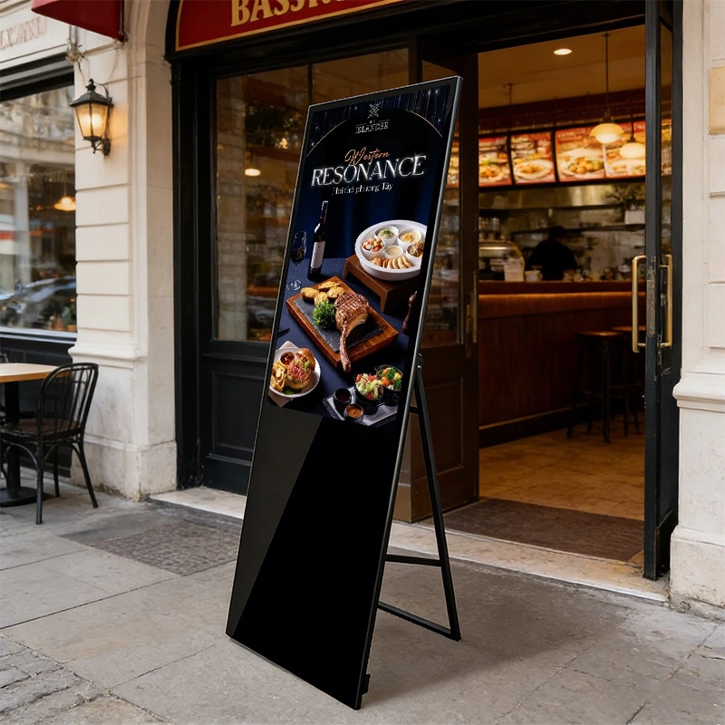 Qtenboard Foldable Vertical Digital Signage for restaurant entrances to promote daily specials
