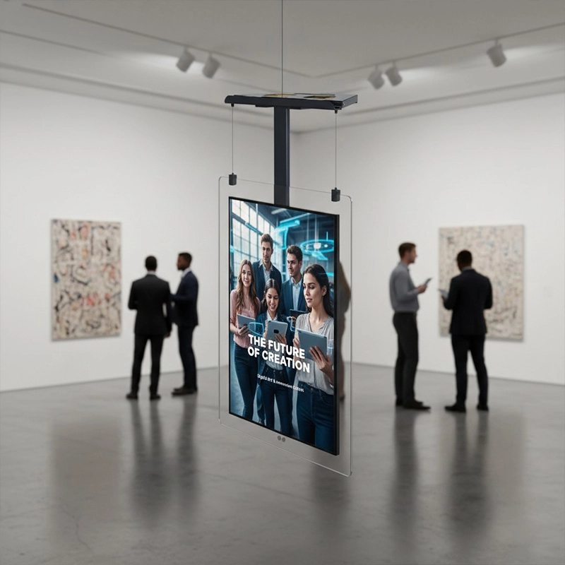 Qtenboard Hanging Transparent Digital Signage for exhibition halls and galleries to present products