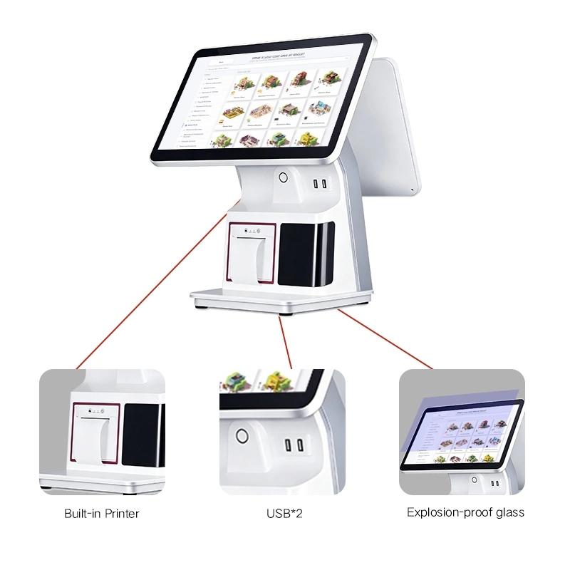 Dual-screen POS cash register featuring a built-in receipt printer, dual USB ports, and a durable explosion-proof glass touch display.