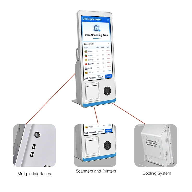 Product specifications for Qtenboard self-checkout kiosk with Android OS and 2K resolution display.