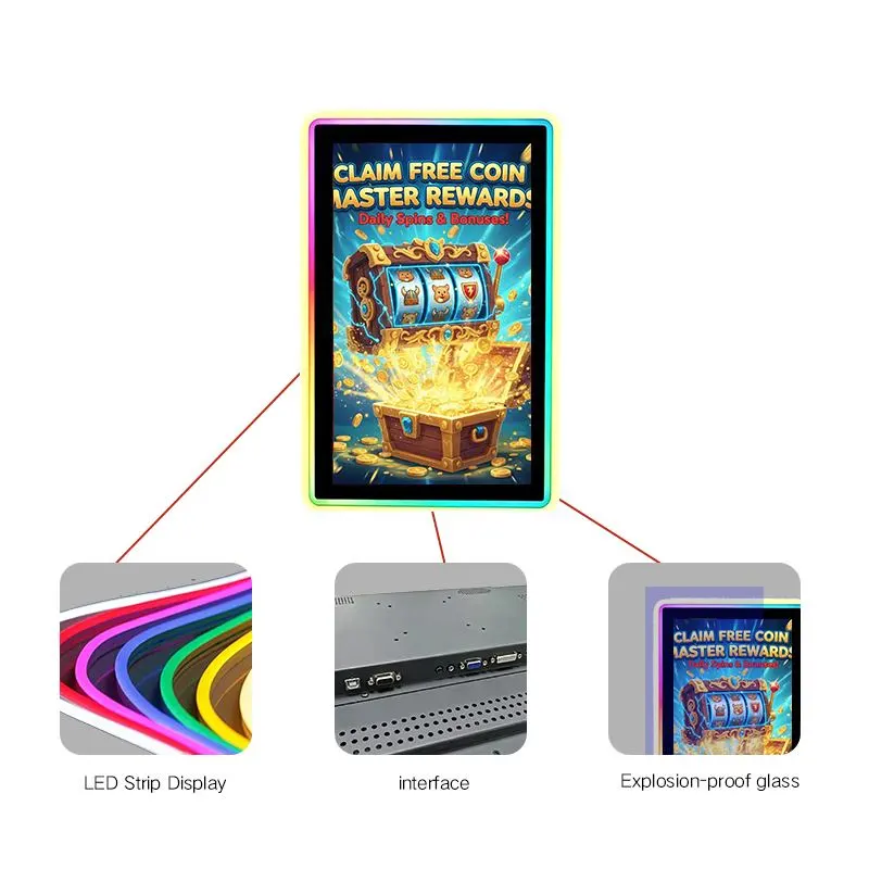 Digital gaming display features including RGB LED strip lighting, multiple input interfaces, and explosion-proof glass for casino slot machines.