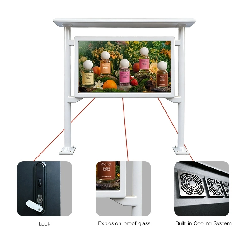 Outdoor bus station advertising kiosk featuring a lock, explosion-proof glass, and a built-in cooling system.