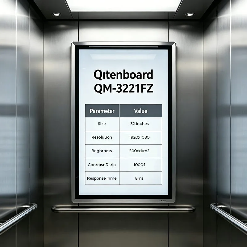 Qtenboard elevator LCD screen size options including 19 inch and 21.5 inch digital displays for elevator advertising