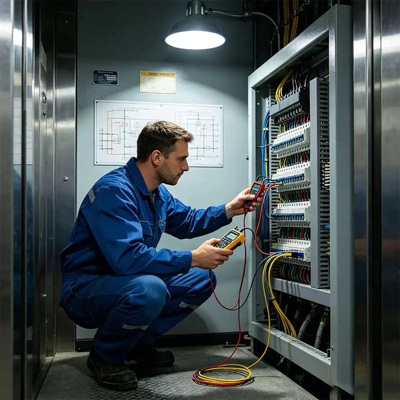 Professional engineer installing industrial elevator digital signage