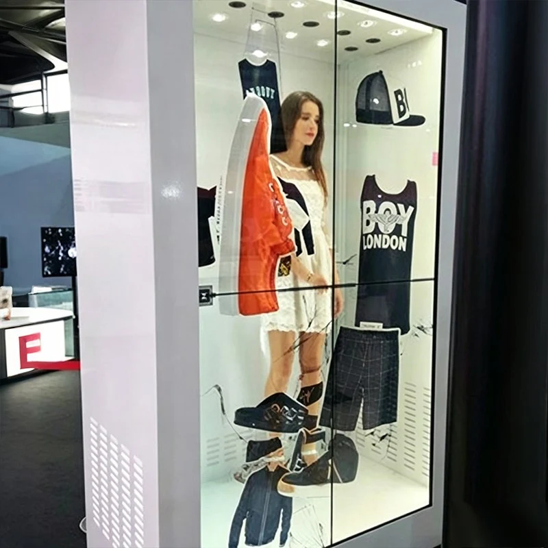 Interactive holographic display showcase featuring fashion mannequin and apparel