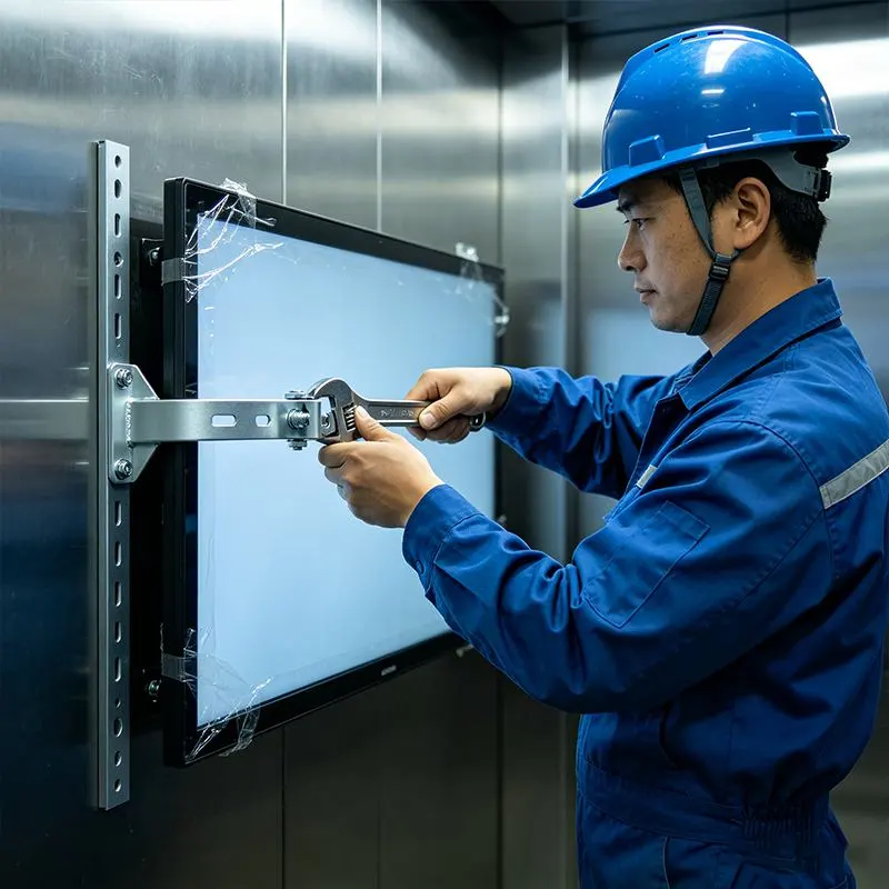 Professional installation of Qtenboard elevator digital screen with wall-mounted bracket and industrial-grade housing