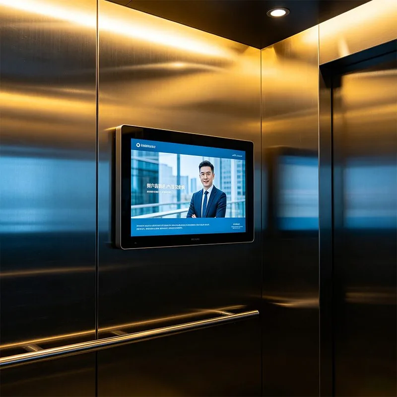Modern elevator interior equipped with commercial digital signage screen