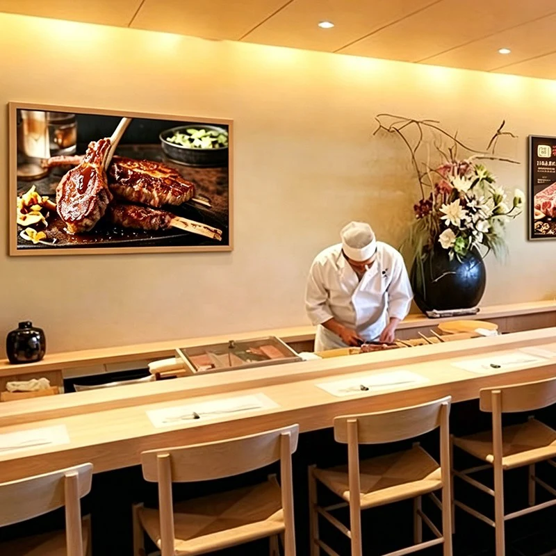 Qtenboard Wall-mounted electronic menu screen displaying gourmet food in a sushi bar