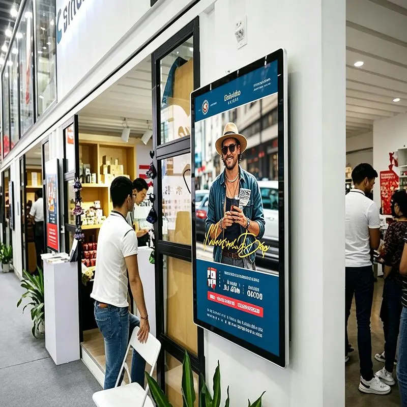 Qtenboard digital signage display with QR code mounted at clothing store entrance