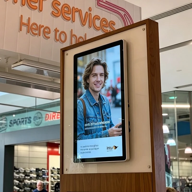 Qtenboard Interactive shopping mall directory and promotional screen near customer service