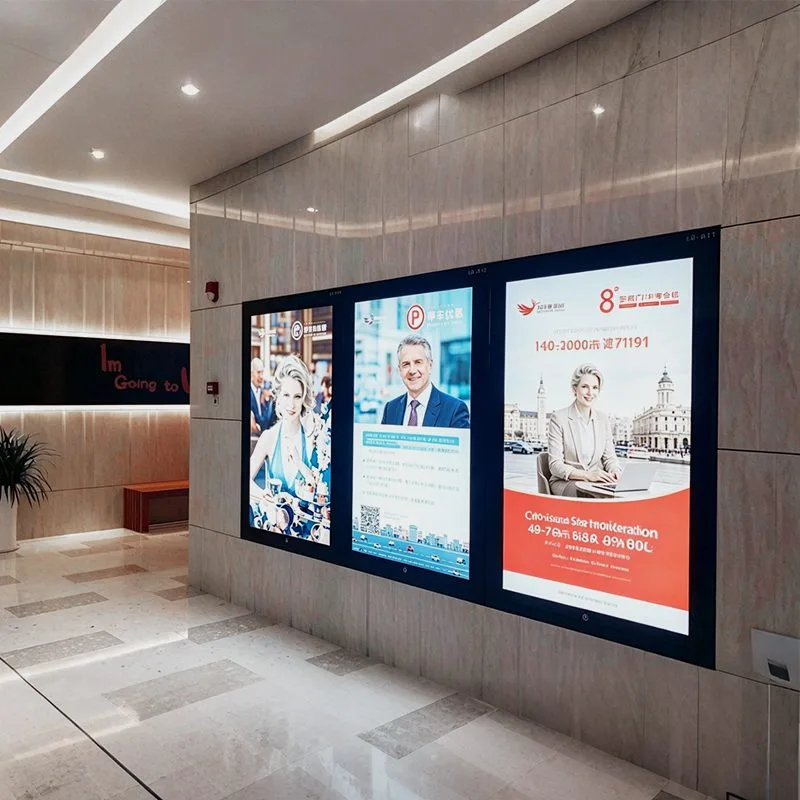 Qtenboard Corporate building corridor digital billboard displaying promotional posters