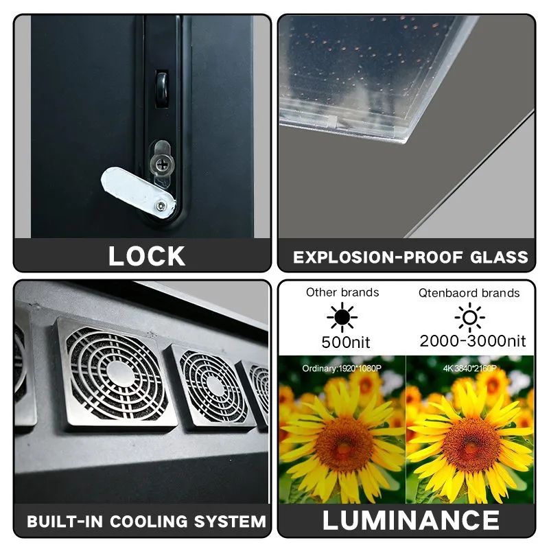 Outdoor vertical digital signage showing details: security lock, explosion-proof glass, built-in cooling system, 2000-3000nit