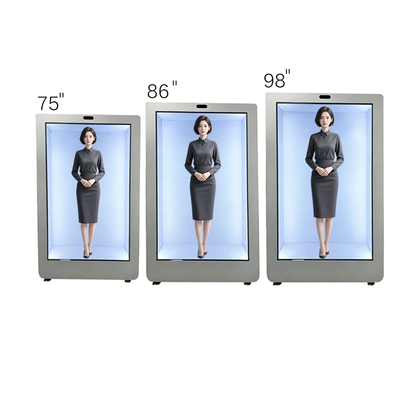Different sizes of Smart Transparent Display Cabinet including 75 inch, 86 inch, and 98 inch models showing a 3D life-size virtual assistant avatar.