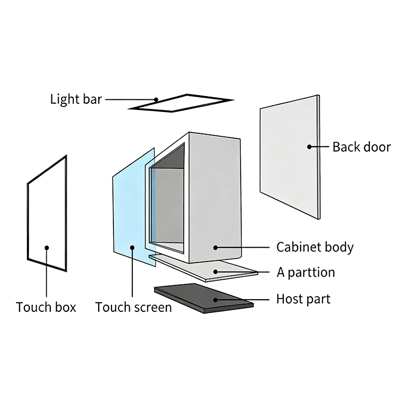 Smart Transparent Display Cabinet including touch screen, light bar, cabinet body, and host part.
