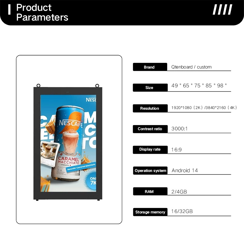 Wall-mounted vertical digital signage with full product parameter specification
