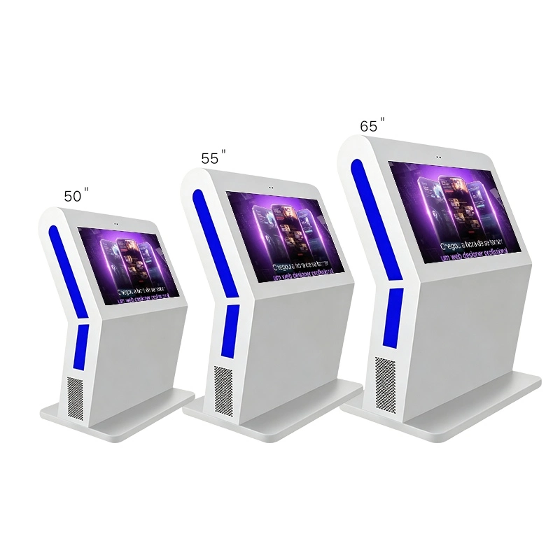 Multiple sizes (32/43/55 inch) of white freestanding touch screen kiosk comparison display