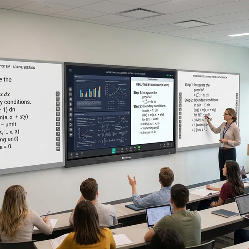 Interactive whiteboard for university lecture classroom teaching, teacher giving lesson with multi-screen display