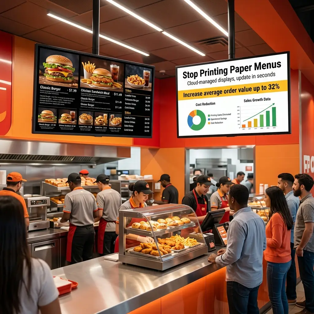 Fast-food counter with digital menu boards showing food items and digital display benefits.