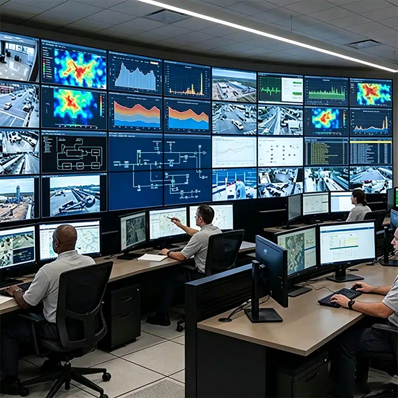Police command center with 55 inch 3.5mm LCD video wall displaying surveillance feeds