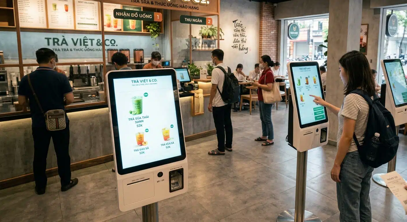 Tea‑chain store with customers utilising self ordering kiosk during busy peak service hours