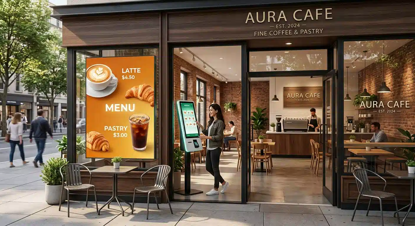 Cafe storefront with high‑brightness window screen and foldable freestanding digital signage running new‑product promotions