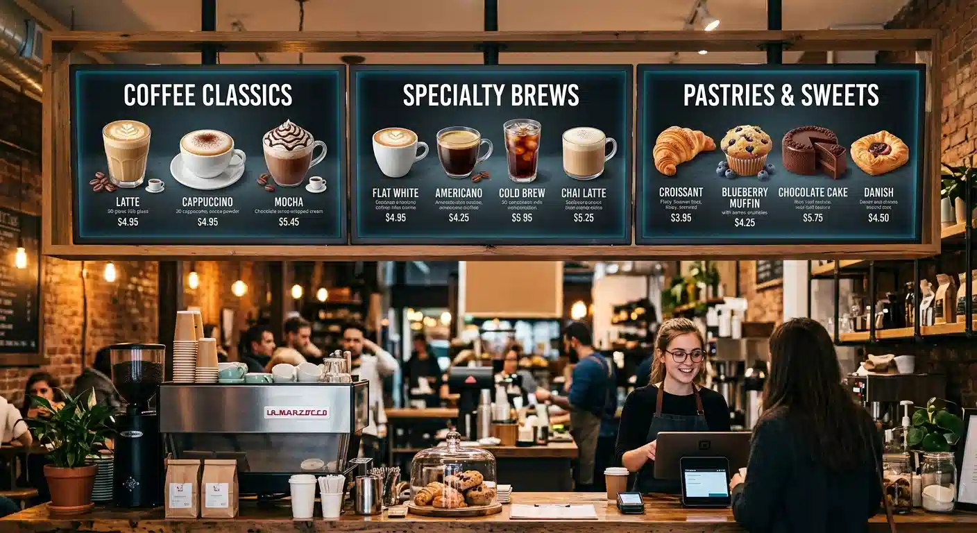 Digital menu board above cafe cashier counter showing coffee and dessert visuals