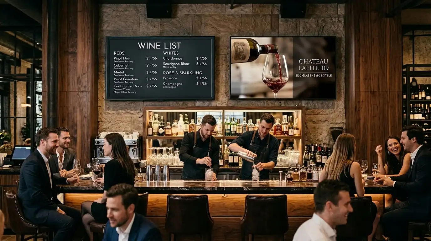 Digital menu board display at restaurant bar counter showing wine and cocktail list