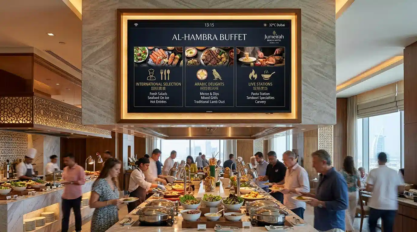 Wall-mounted digital signage buffet menu board displaying food categories above a hotel self-service buffet line